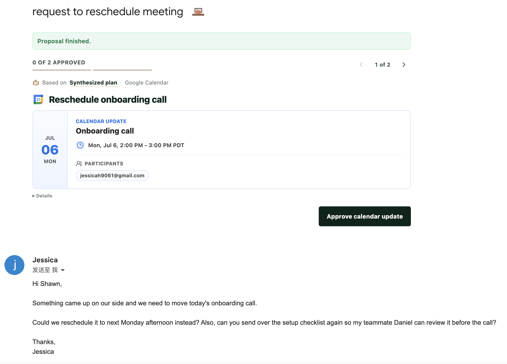 GenieDesk Chrome extension reviewing proposed actions inside a Gmail conversation.