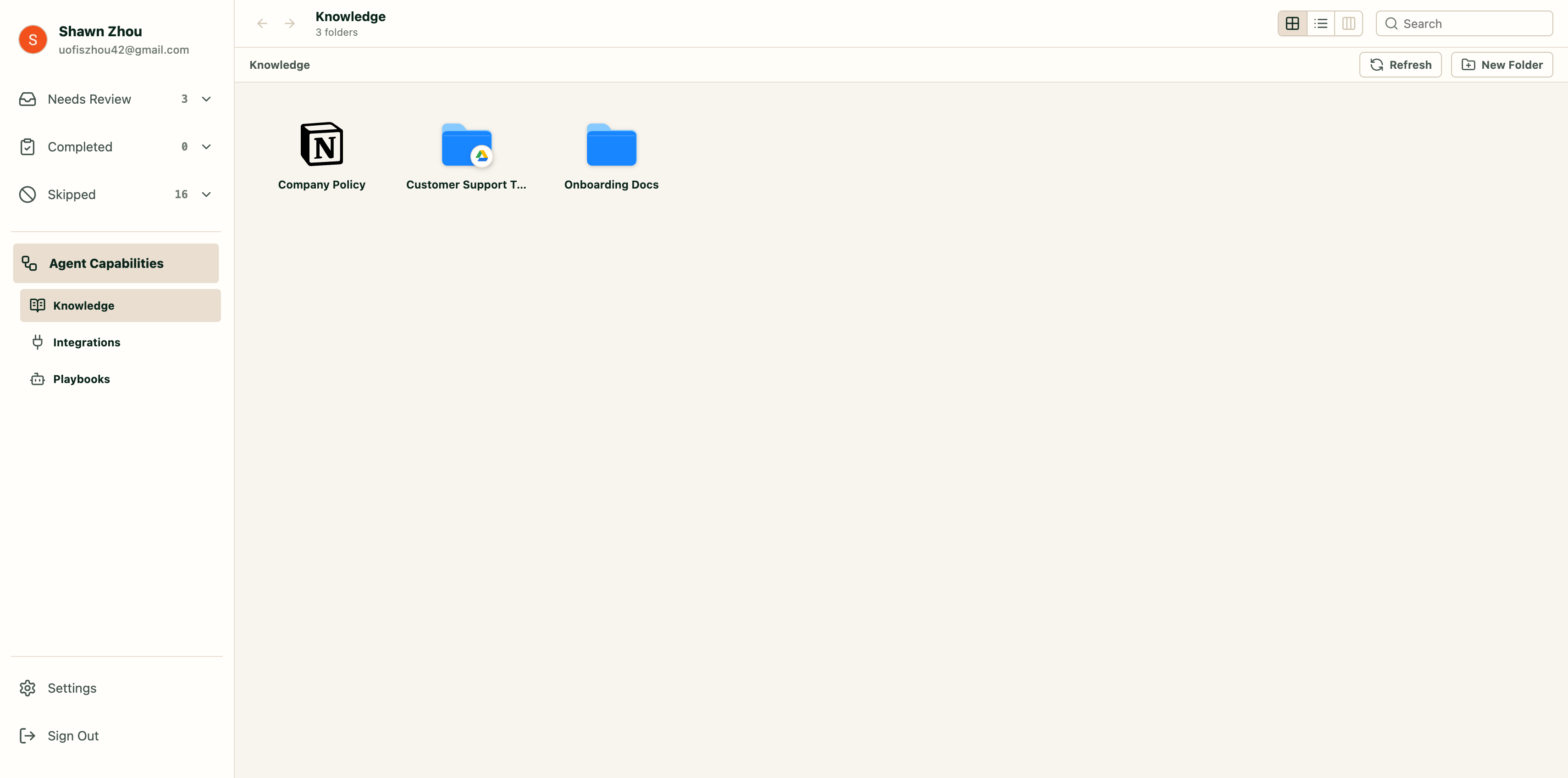 GenieDesk Knowledge workspace with connected business context and source material.